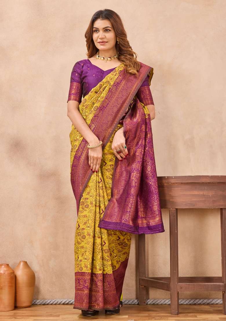 Mustard And Wine Pashmina Saree Set with Printed for Diwali | Wedding & Festive Wear - Indya