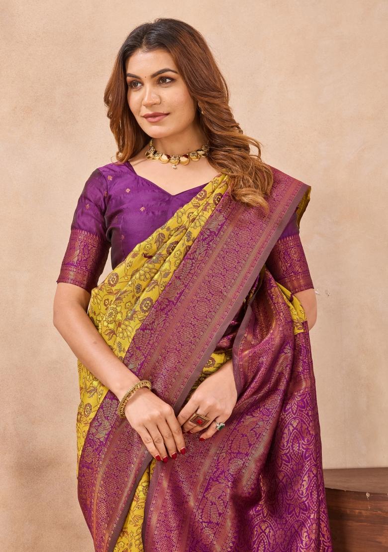 Mustard And Wine Printed Pashmina Saree Set - Indya