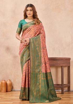 Peach And Green Printed Pashmina Saree Set