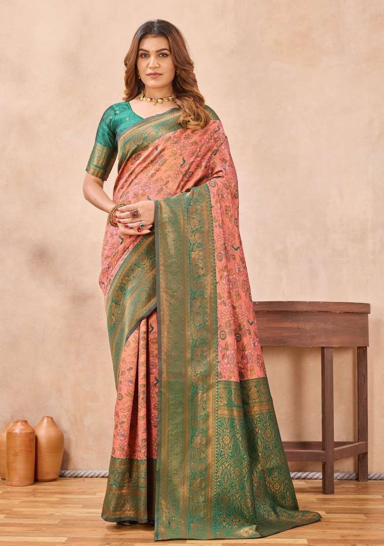 Peach And Green Printed Pashmina Saree Set for Diwali and Festive Wear - Indya