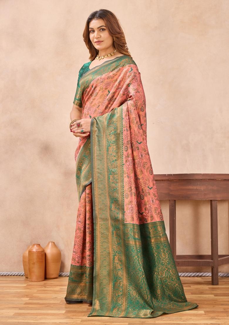 Peach And Green Printed Pashmina Saree Set - Indya