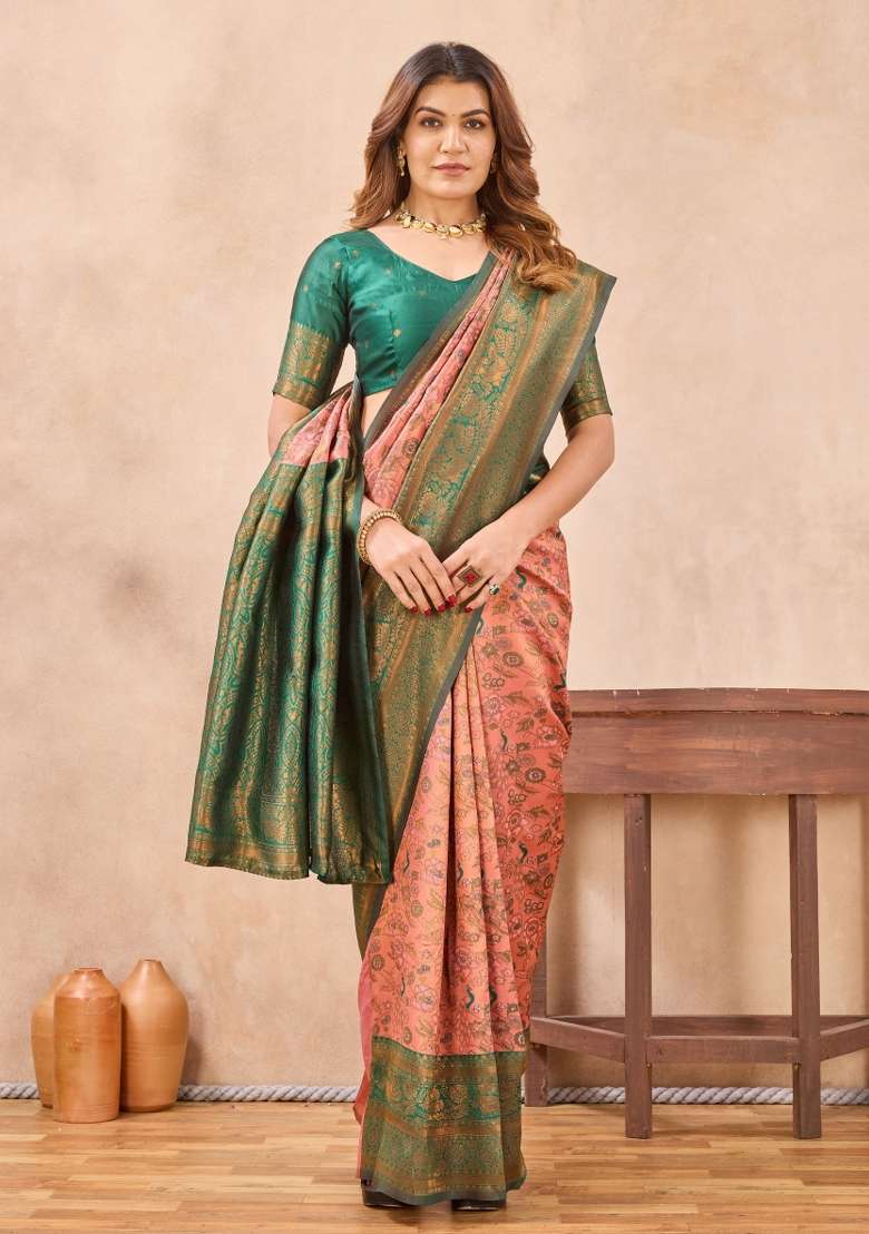 Peach And Green Printed Pashmina Saree Set for Diwali and Festive Wear - Indya