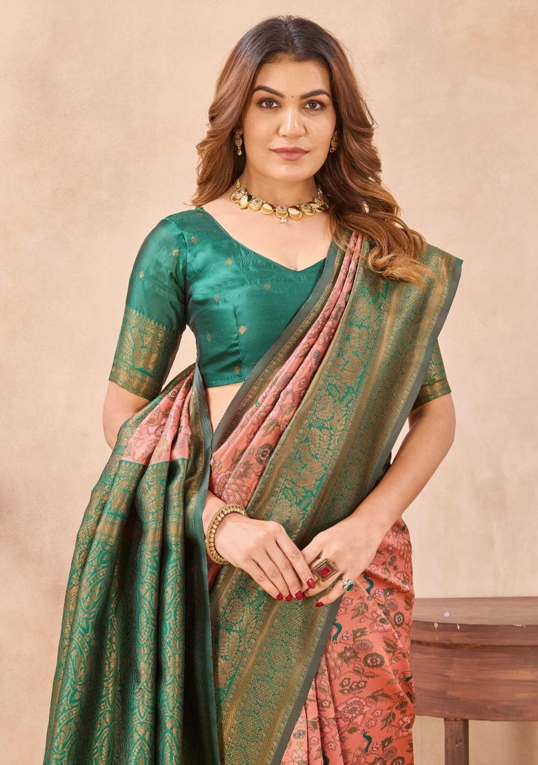 Peach And Green Printed Pashmina Saree Set - Indya