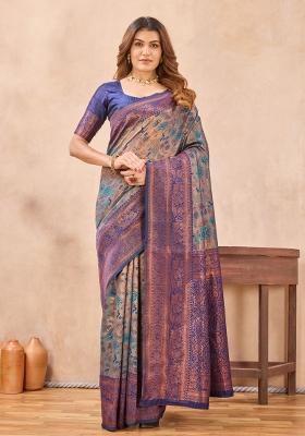 Turquoise Blue Printed Pashmina Saree Set