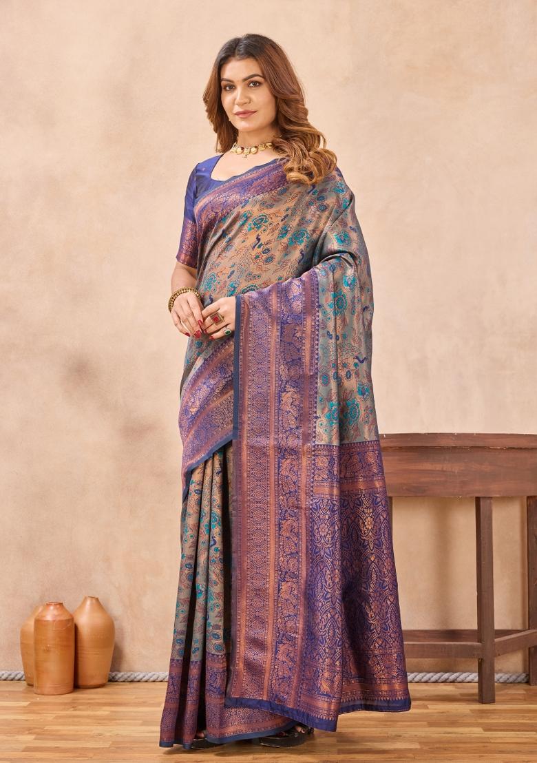 Turquoise Blue Printed Pashmina Saree Set - Indya