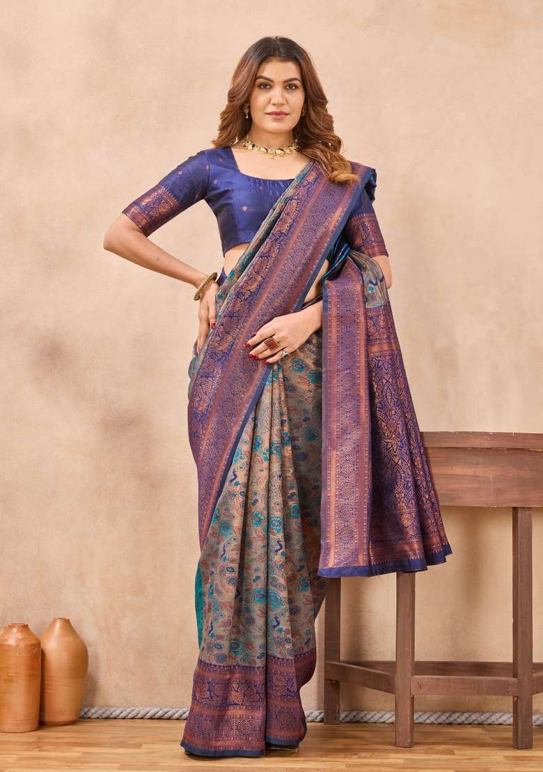 Turquoise Blue Printed Pashmina Saree Set for Diwali and Festive Wear - Indya