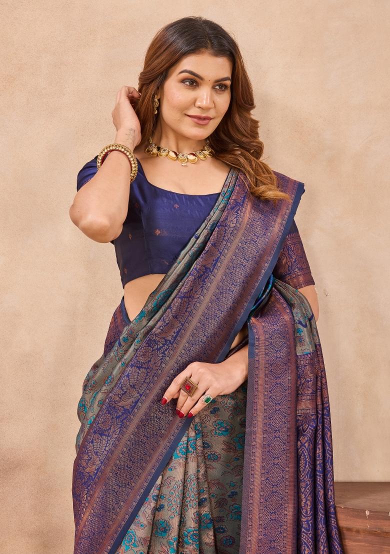 Turquoise Blue Printed Pashmina Saree Set - Indya
