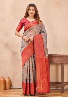 Turquoise Red Printed Pashmina Saree Set