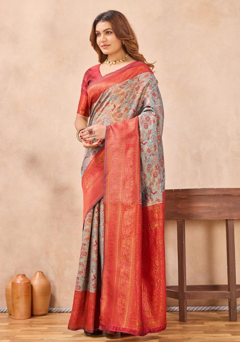 Turquoise Red Printed Pashmina Saree Set - Indya