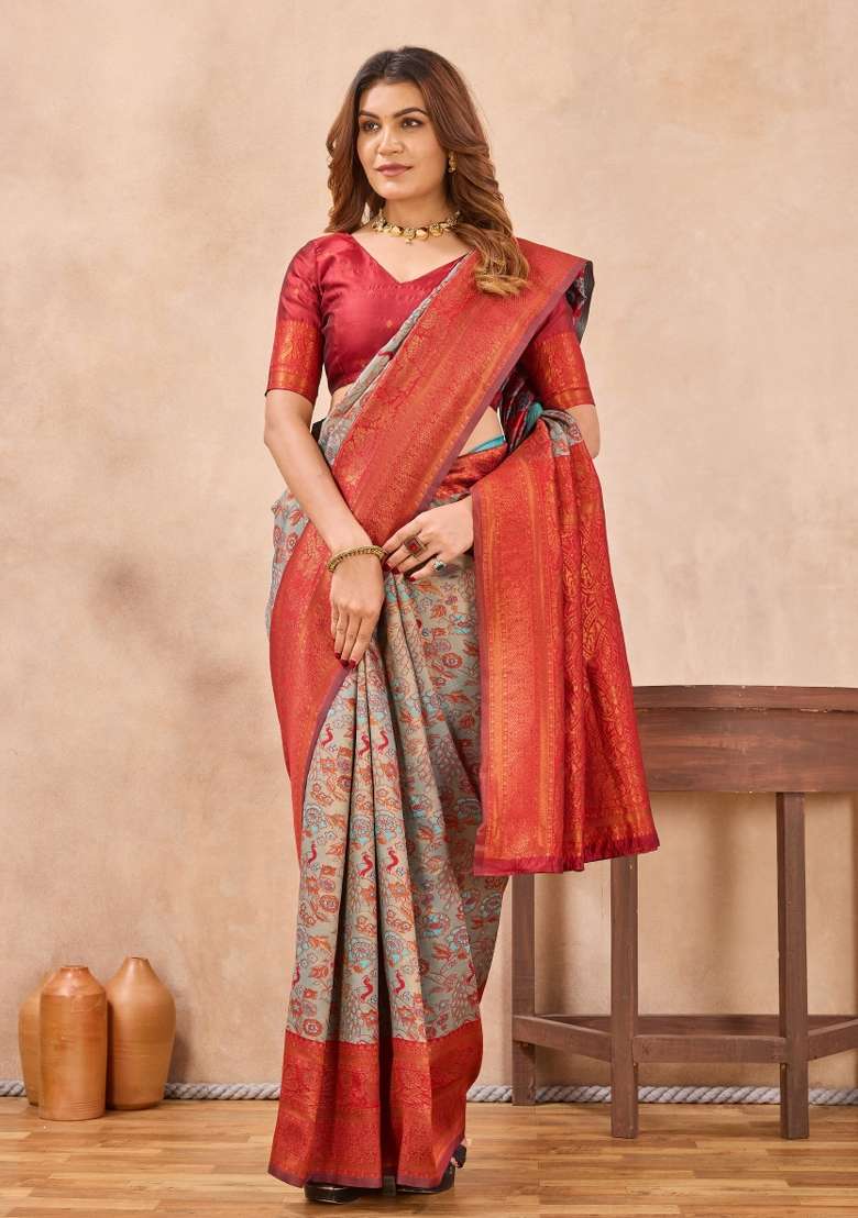 Turquoise Red Pashmina Saree Set with Printed for Diwali | Wedding & Festive Wear - Indya