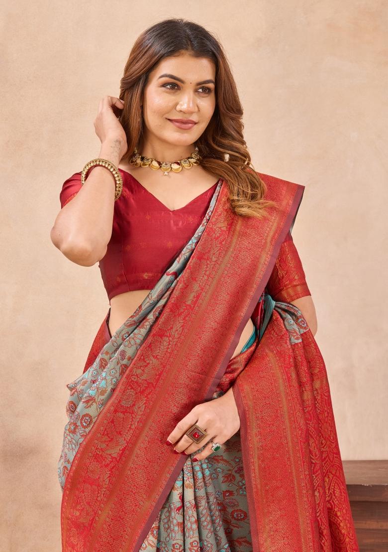 Turquoise Red Printed Pashmina Saree Set - Indya