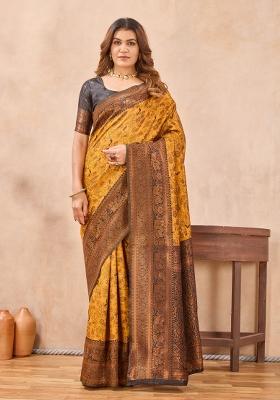 Yellow And Black Printed Pashmina Saree Set