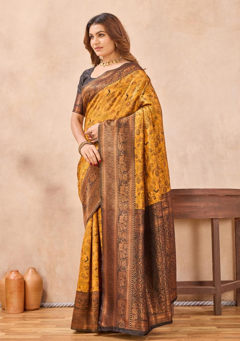 Yellow And Black Printed Pashmina Saree Set - Indya