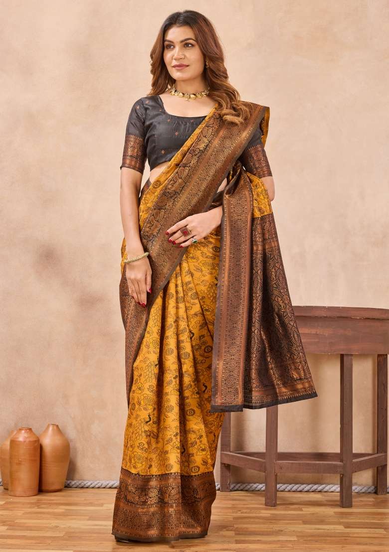 Yellow And Black Printed Pashmina Saree Set for Diwali and Festive Wear - Indya