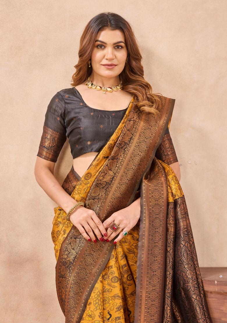 Yellow And Black Printed Pashmina Saree Set - Indya
