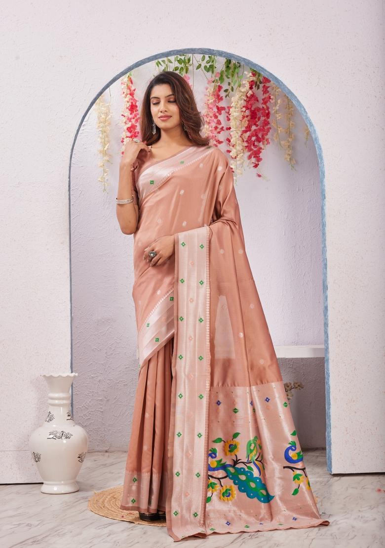 Beige Printed Pashmina Saree Set - Indya