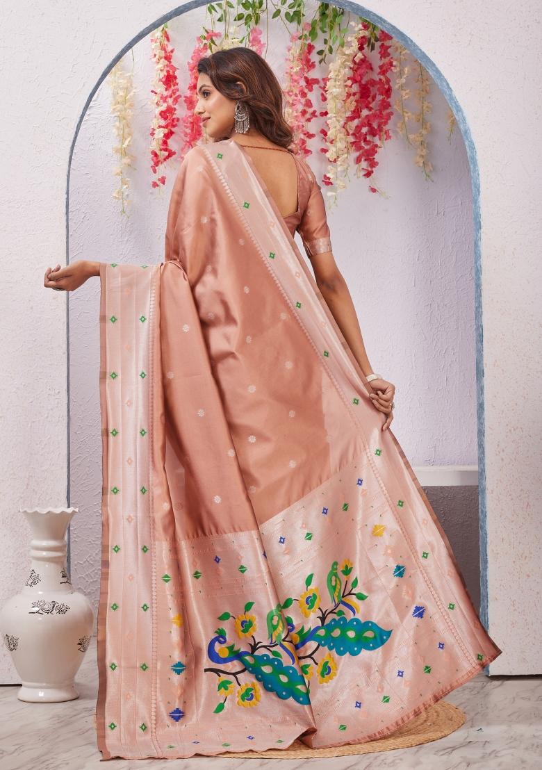 Beige Printed Pashmina Saree Set - Indya