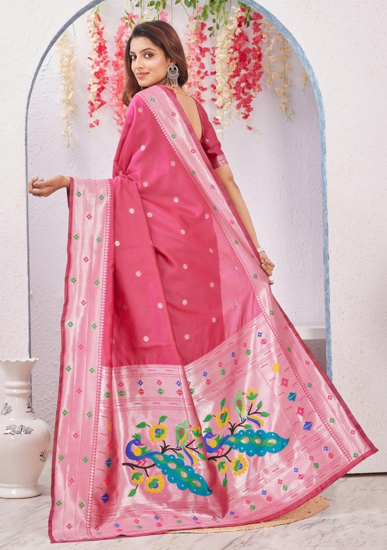 Pink Printed Pashmina Saree Set - Indya