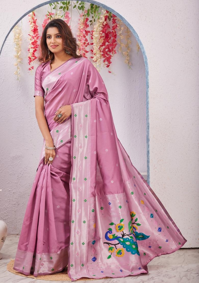 Light Pink Printed Pashmina Saree Set - Indya