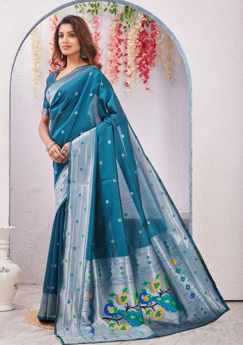 Rama Printed Pashmina Saree Set - Indya