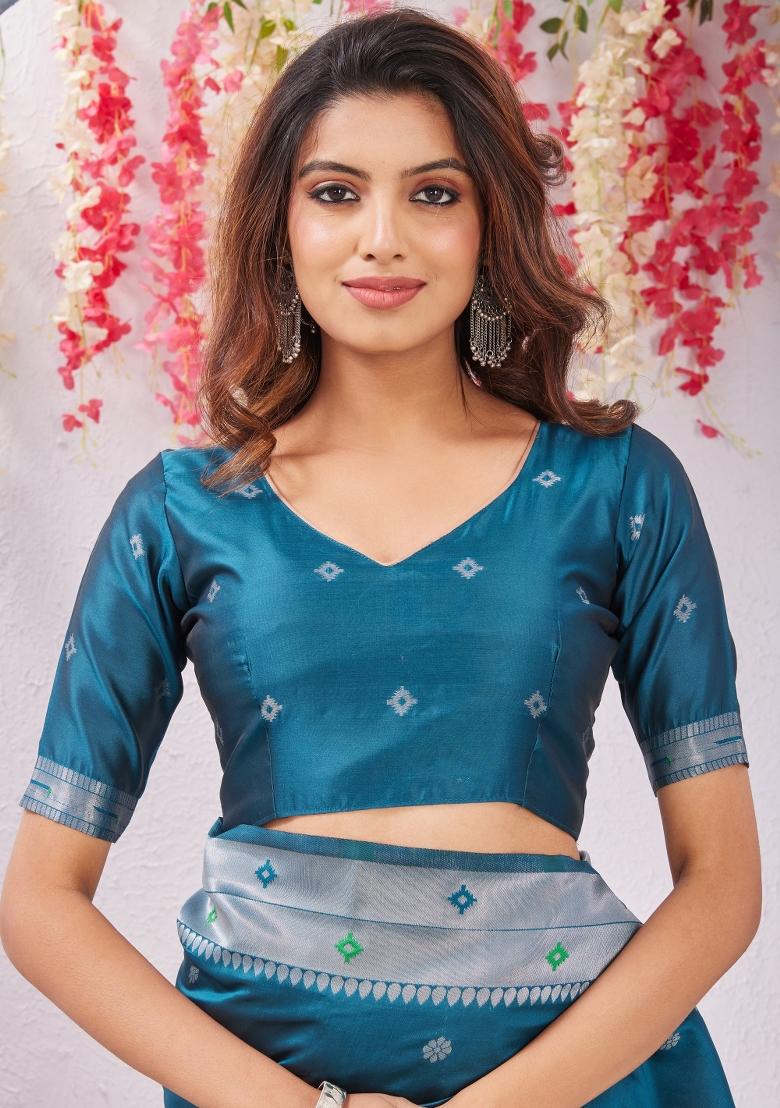 Rama Printed Pashmina Saree Set - Indya