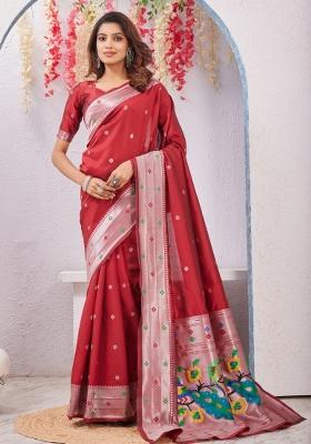 Red Printed Pashmina Saree Set