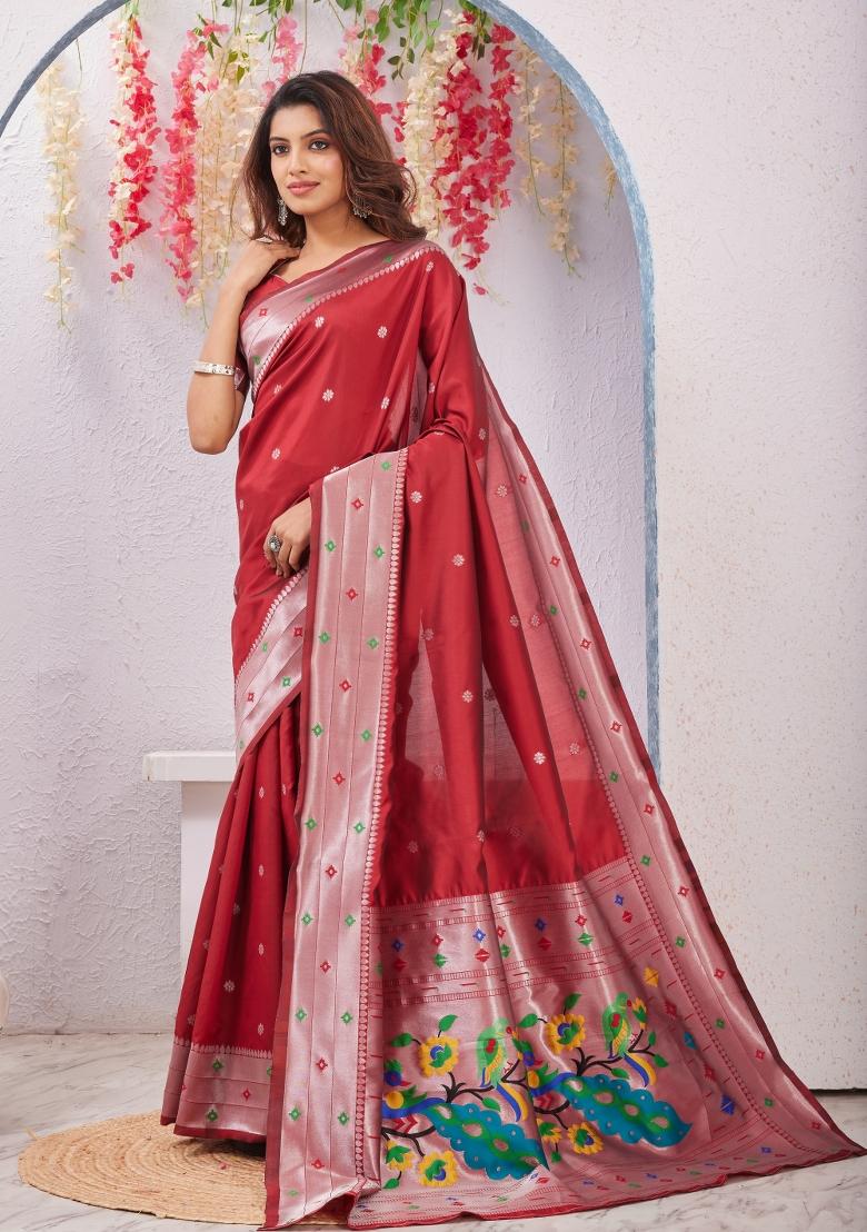 Red Printed Pashmina Saree Set - Indya