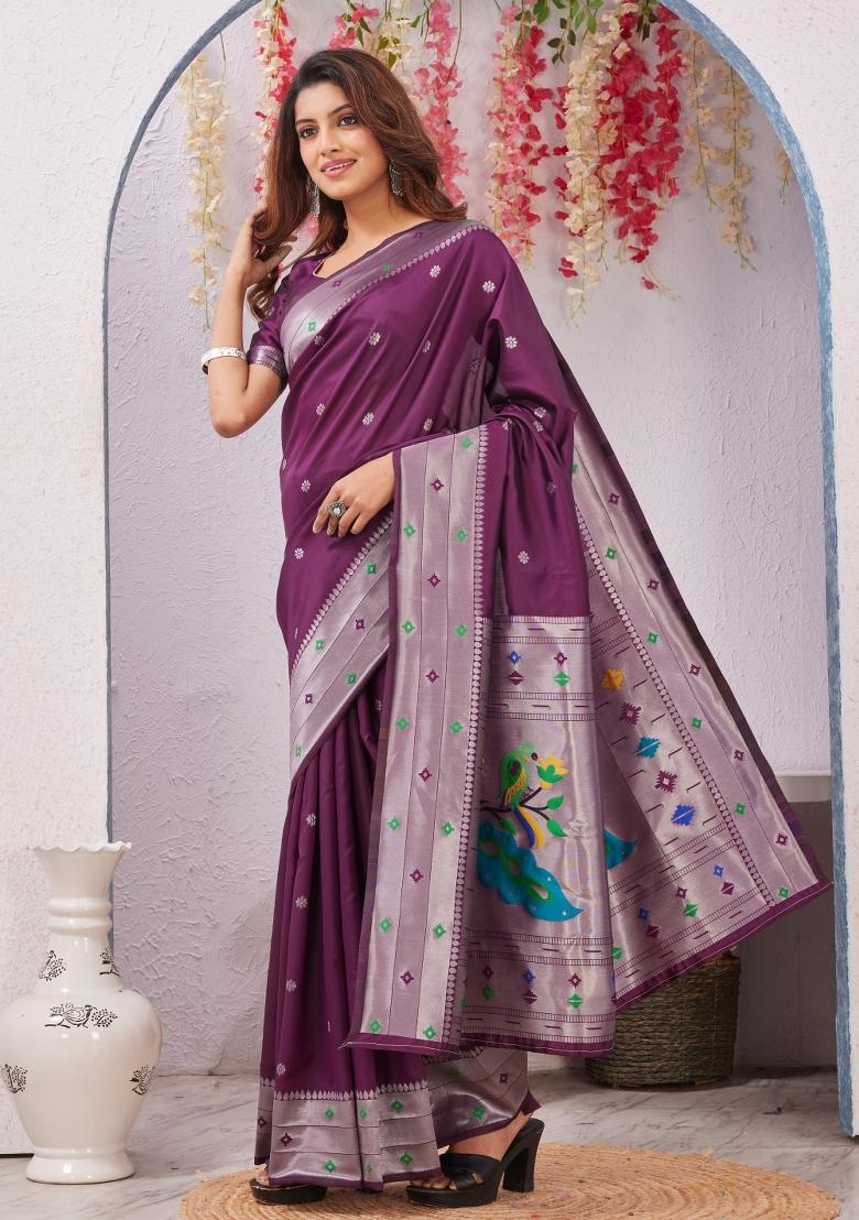 Wine Printed Pashmina Saree Set - Indya