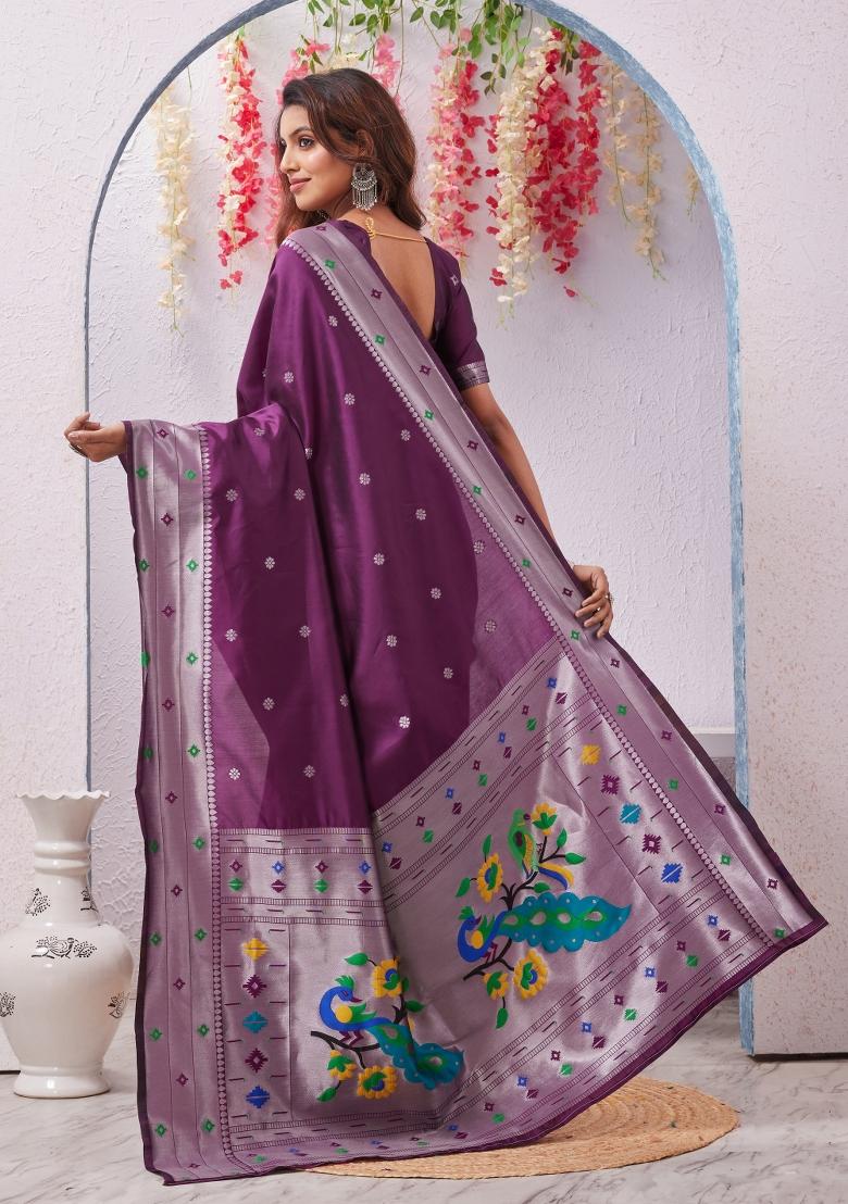 Wine Printed Pashmina Saree Set - Indya