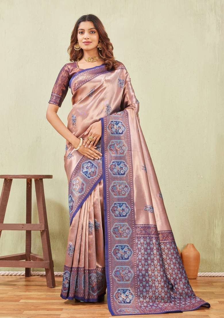 Rama Blue Pashmina Saree Set with Printed for Diwali | Wedding & Festive Wear - Indya