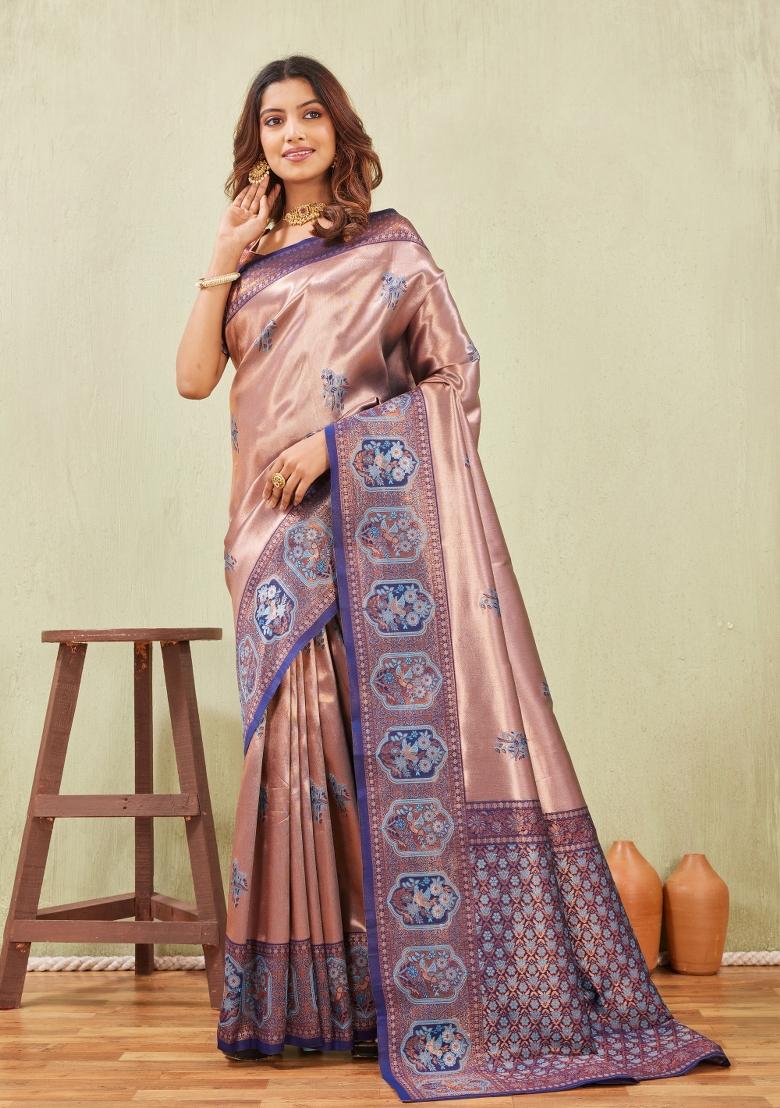 Rama Blue Printed Pashmina Saree Set - Indya