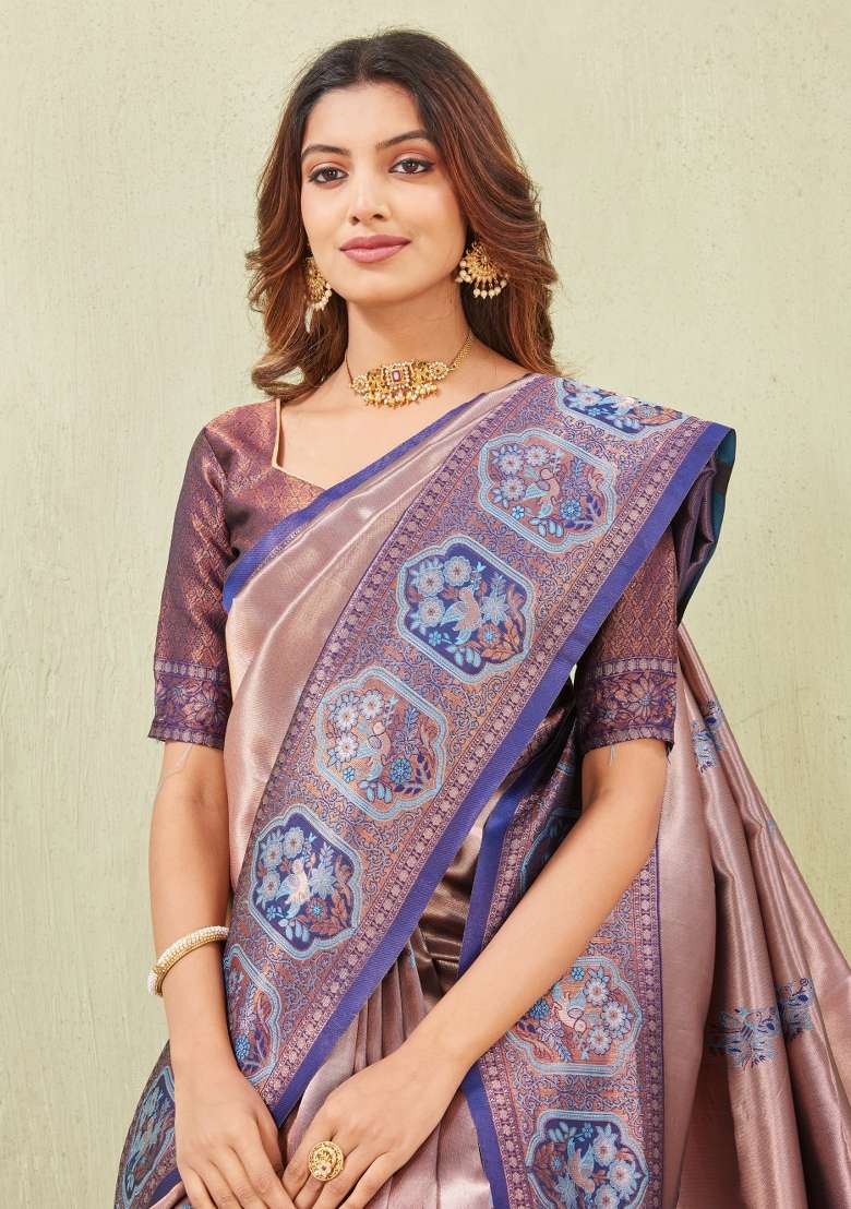 Rama Blue Pashmina Saree Set with Printed for Diwali | Wedding & Festive Wear - Indya