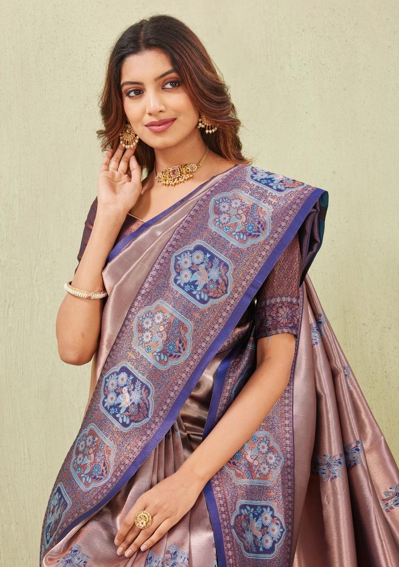 Rama Blue Printed Pashmina Saree Set - Indya