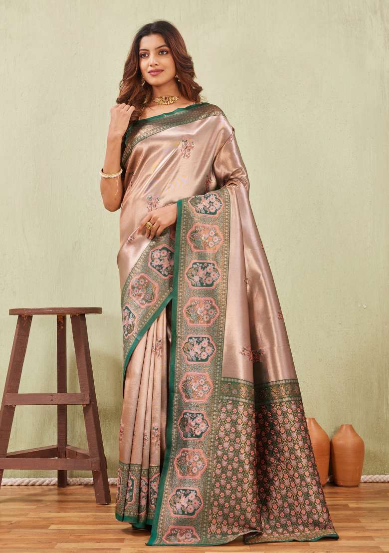 Green And Gajari Pashmina Saree Set with Printed for Diwali | Wedding & Festive Wear - Indya