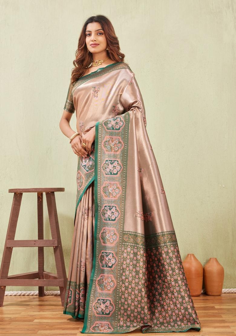 Green And Gajari Printed Pashmina Saree Set - Indya