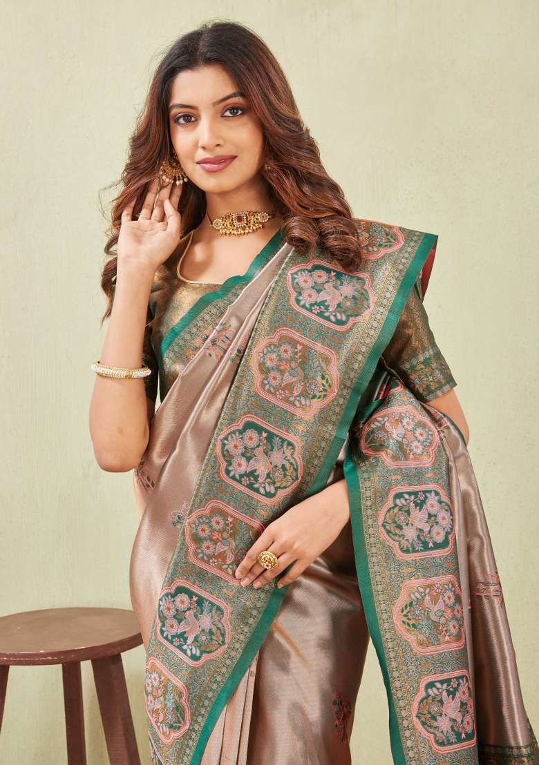 Green And Gajari Pashmina Saree Set with Printed for Diwali | Wedding & Festive Wear - Indya