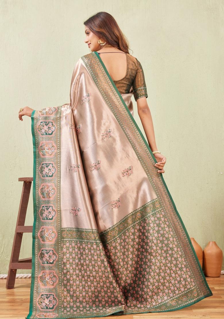 Green And Gajari Printed Pashmina Saree Set - Indya