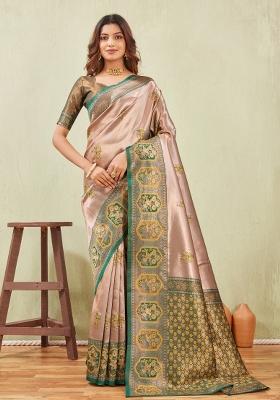 Green And Golden Printed Pashmina Saree Set