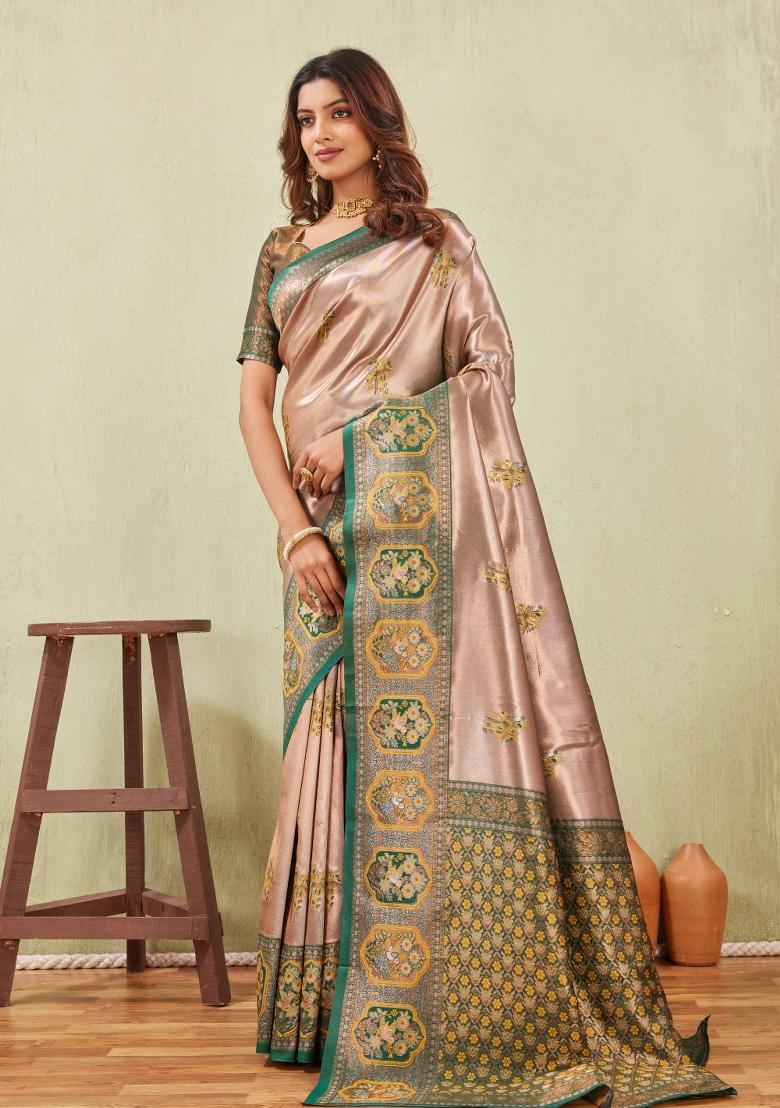 Green And Golden Printed Pashmina Saree Set - Indya