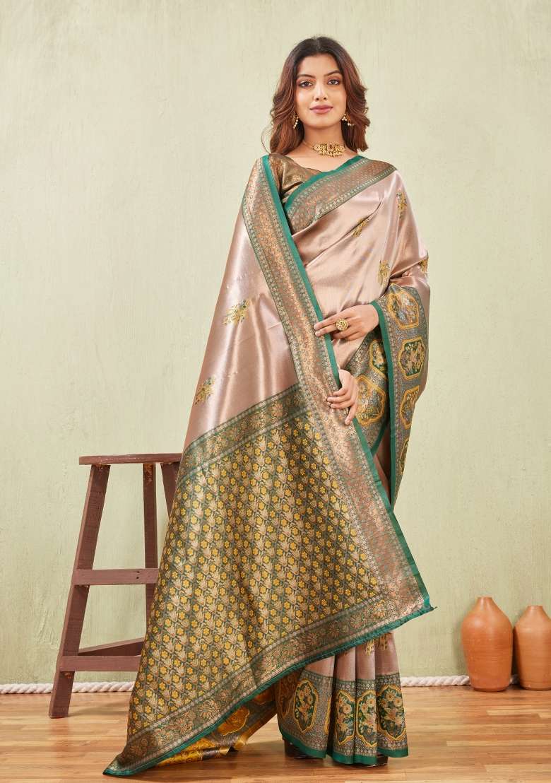 Green And Golden Pashmina Saree Set with Printed for Diwali | Wedding & Festive Wear - Indya