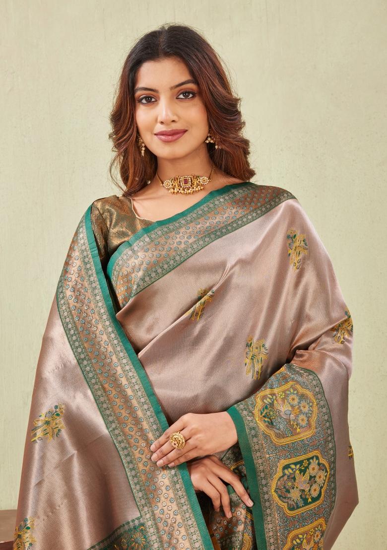 Green And Golden Printed Pashmina Saree Set - Indya