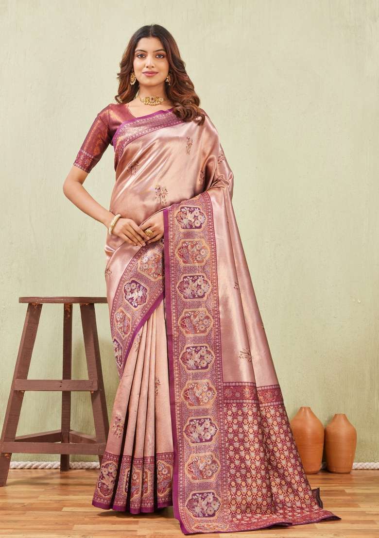 Wine And Chiku Pashmina Saree Set with Printed for Diwali | Wedding & Festive Wear - Indya