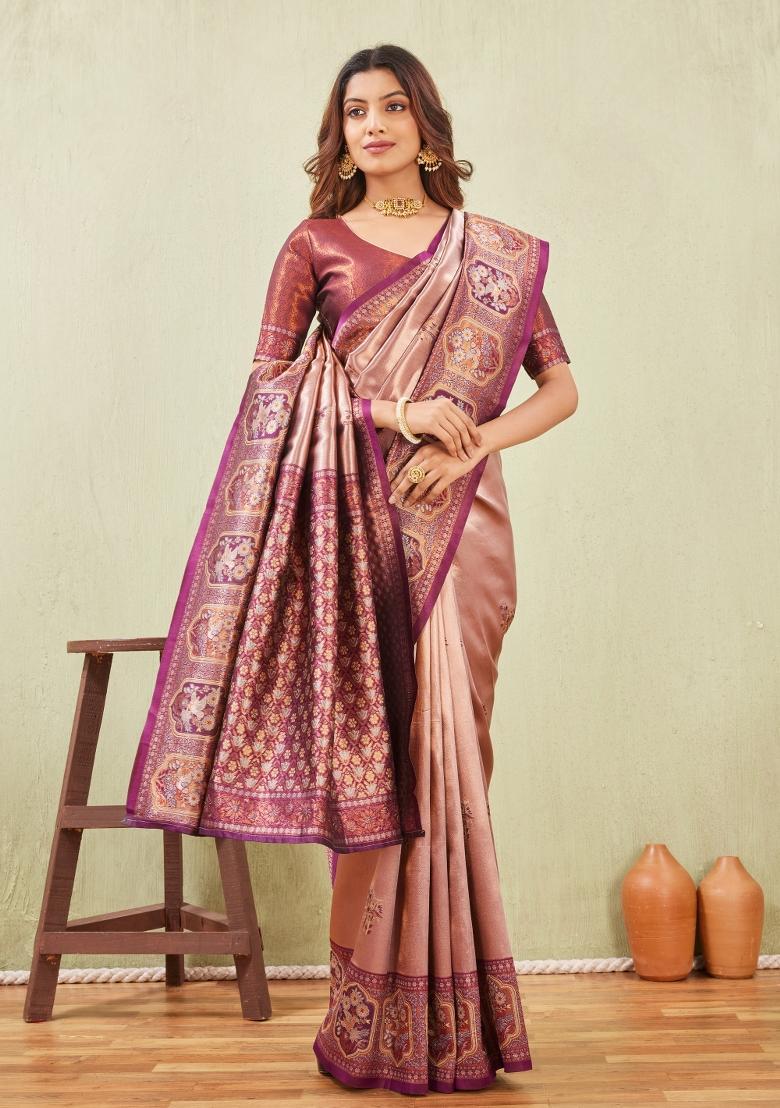 Wine And Chiku Printed Pashmina Saree Set - Indya