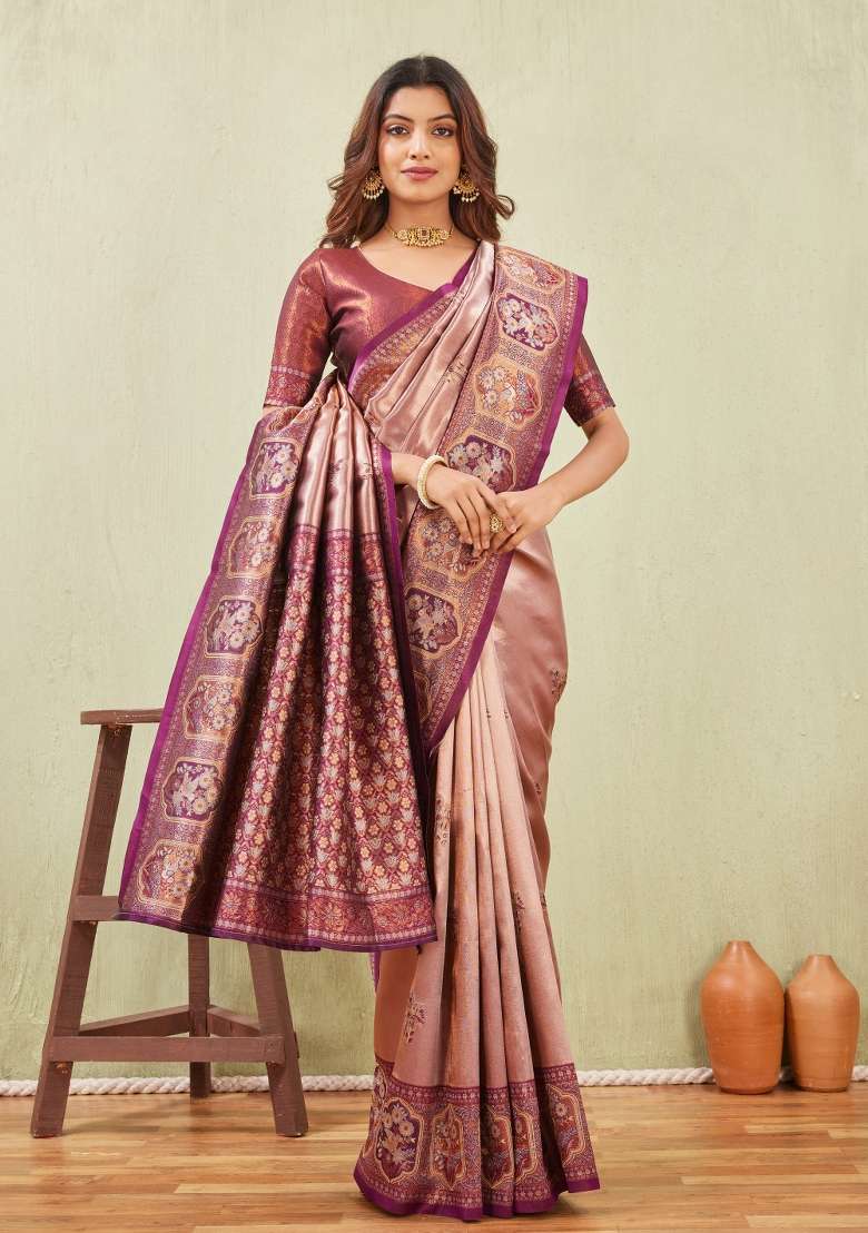 Wine And Chiku Pashmina Saree Set with Printed for Diwali | Wedding & Festive Wear - Indya