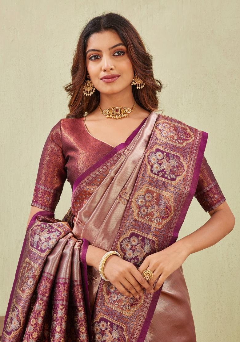 Wine And Chiku Printed Pashmina Saree Set - Indya