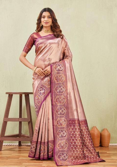 Wine And Chiku Printed Pashmina Saree Set