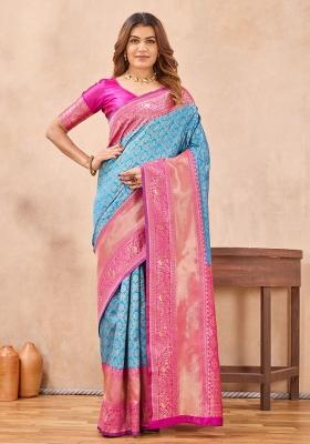 Sky Pink Printed Pashmina Saree Set