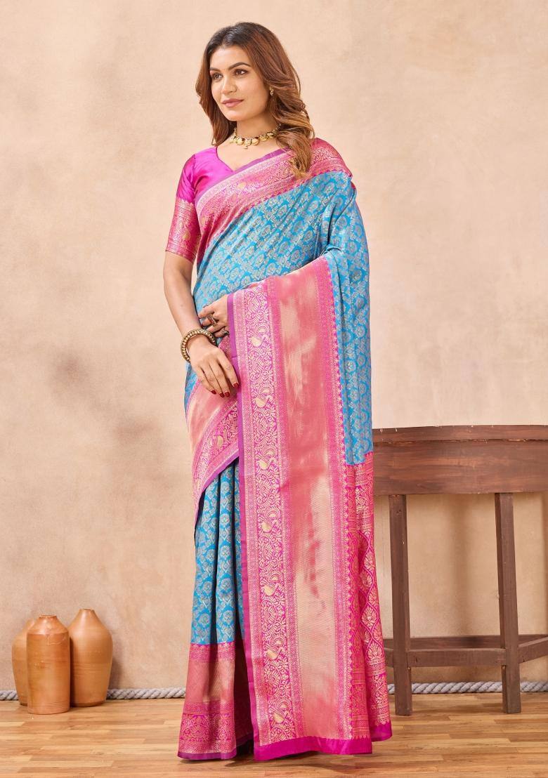 Sky Pink Printed Pashmina Saree Set - Indya