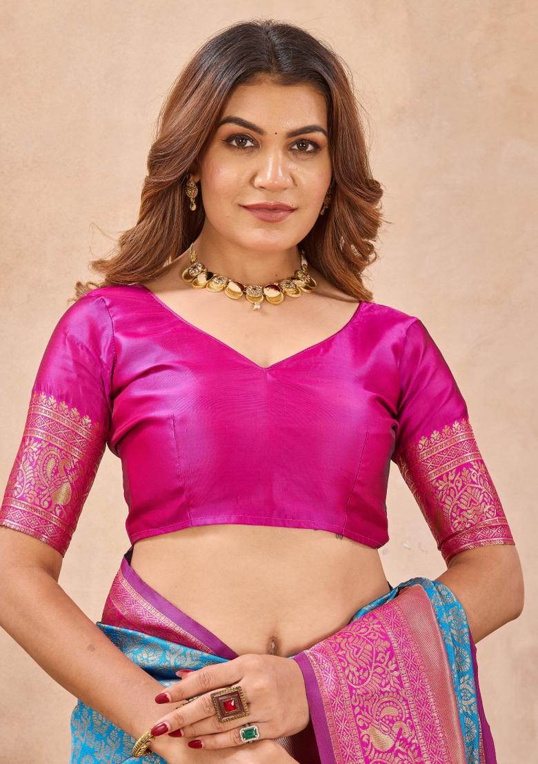 Sky Pink Printed Pashmina Saree Set - Indya