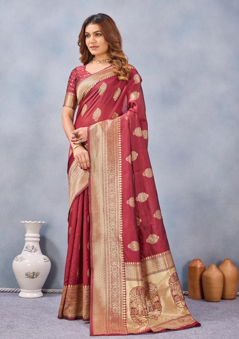 Maroon Printed Pashmina Saree Set - Indya